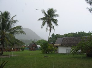Tropical rain at the camping Nelson on Moorea